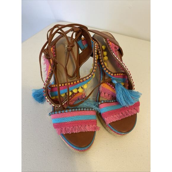 Y2K 2000s Mark Wedges Women 9 Boho Colorful 6.75” Heels Ankle Strap Rhinestone - Picture 8 of 9